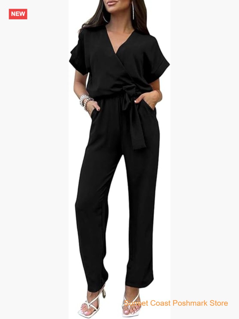 Short Sleeve Wrap V Neck Wide Leg Jumpsuit Romper With Belt Pockets